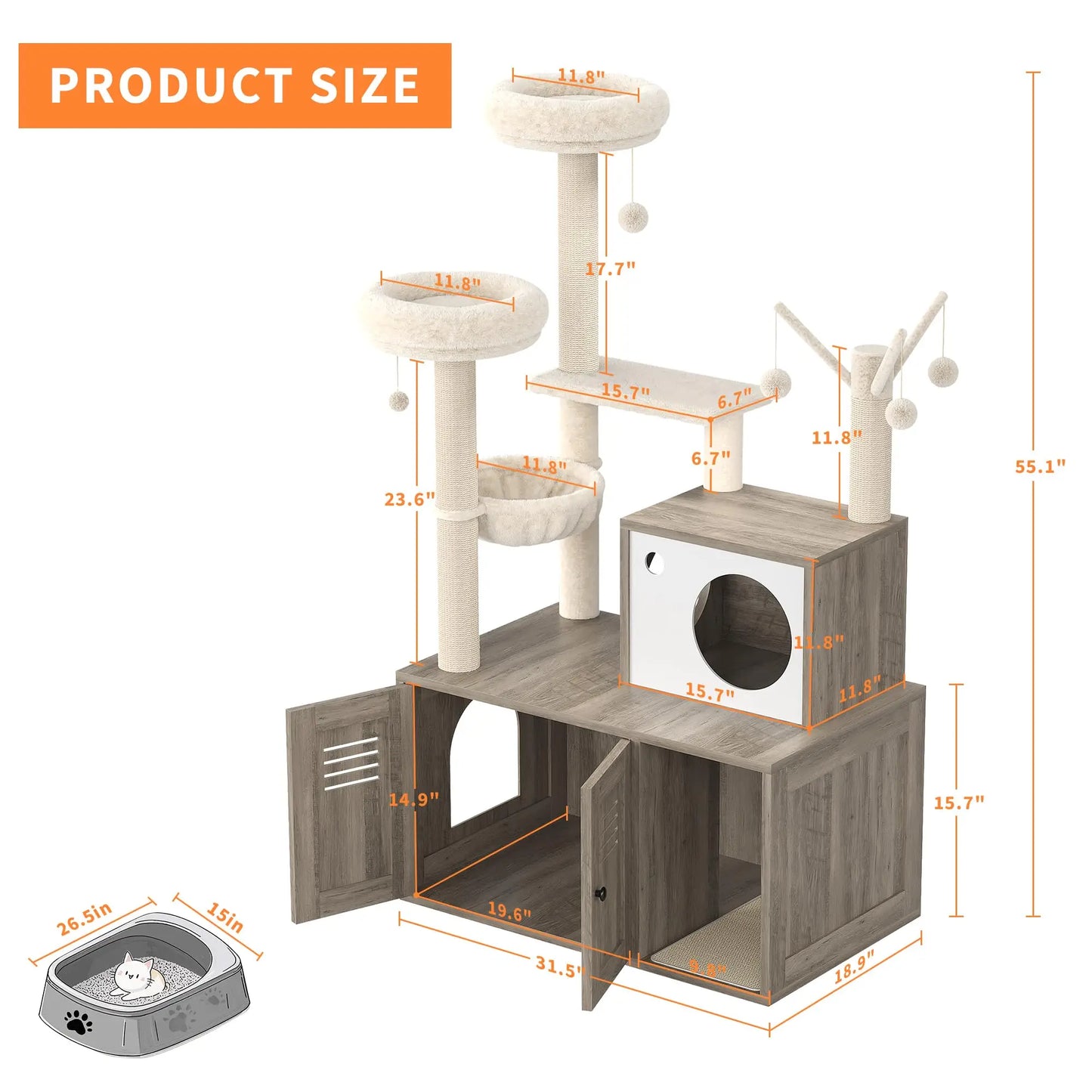 Modern Wooden Cat Tree With Hidden Litter Box, Multi-Level Cat Condo Furniture, Scratching Posts & Litter Cabinet For Indoor Cats