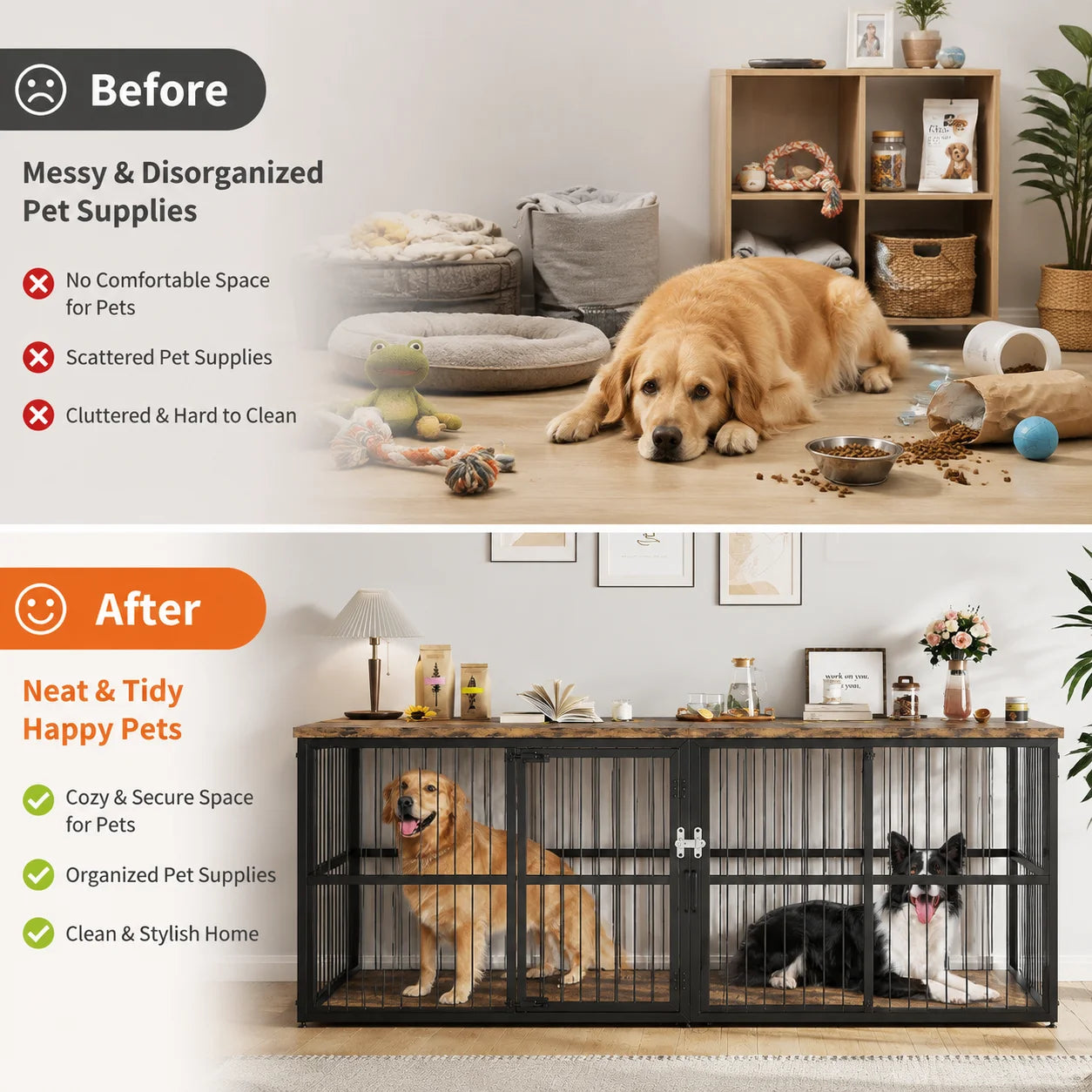 87 Inch Extra Large Double Dog Crate Furniture with Divider 3 Doors Heavy Duty Wooden Indoor Dog Kennel Cabinet TV Stand for 2 Dogs Lockable Pet House with Storage Table