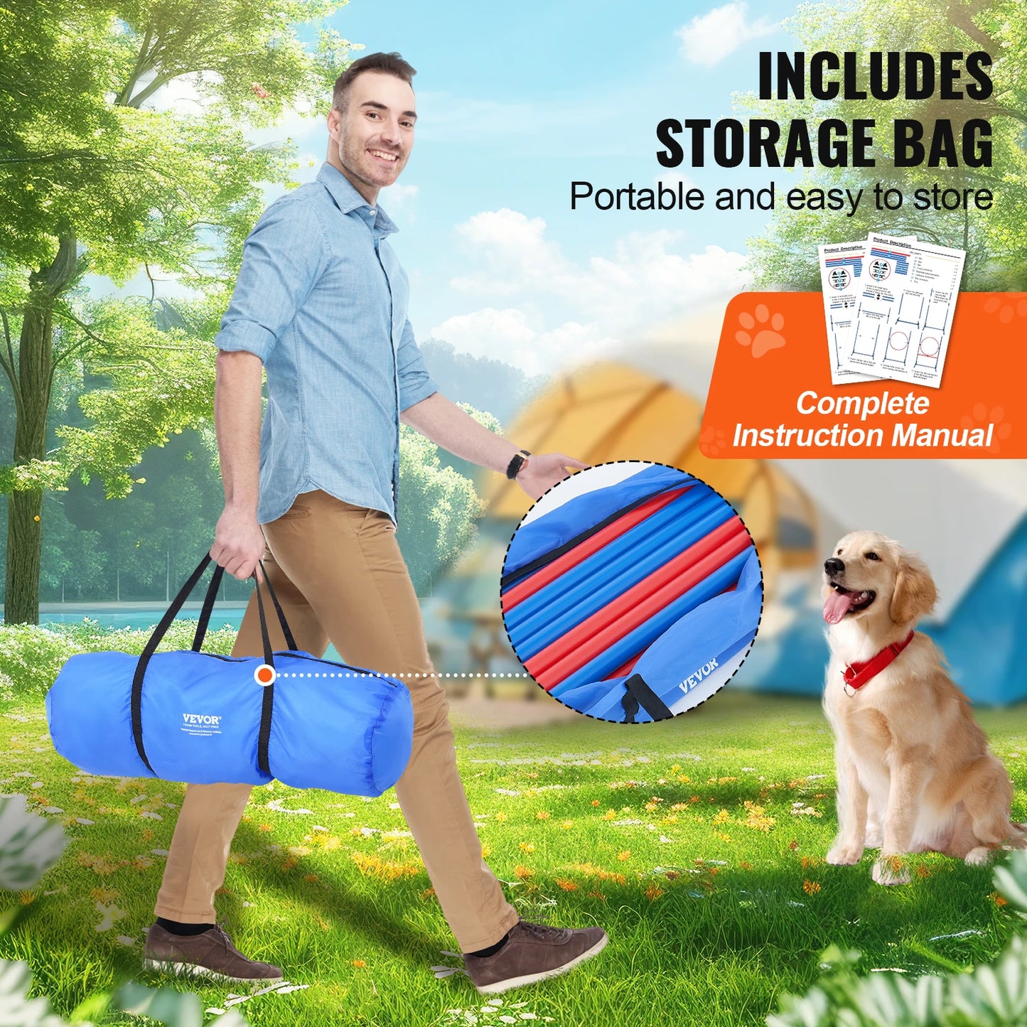 Dog Agility Training Equipment 4 PCS Set with Adjustable High Hurdles 6 Weave Poles Jump Ring Square Pause Box Whistle