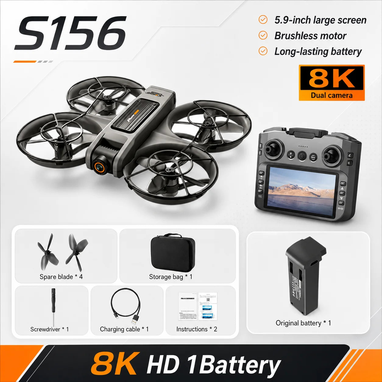 S156 RC Drone 8K Dual Camera Quadcopter with 5.9-Inch Screen Remote Brushless Motor Optical Flow Hovering 360° Protection WiFi FPV Remote Control Aircraft with Storage Bag 1 Battery