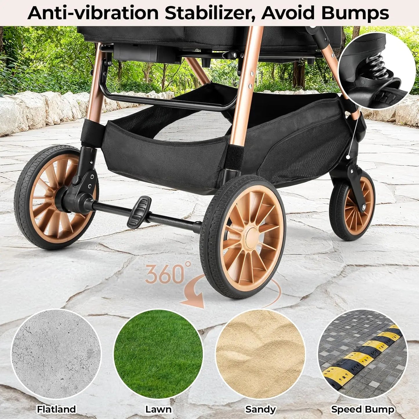 360° High Wheels Transport Foldable Cat Pet Stroller 2-in-1 Dog Buggy Stroller Dog Box Can Be Attached in Car, Max. Load 25 kg