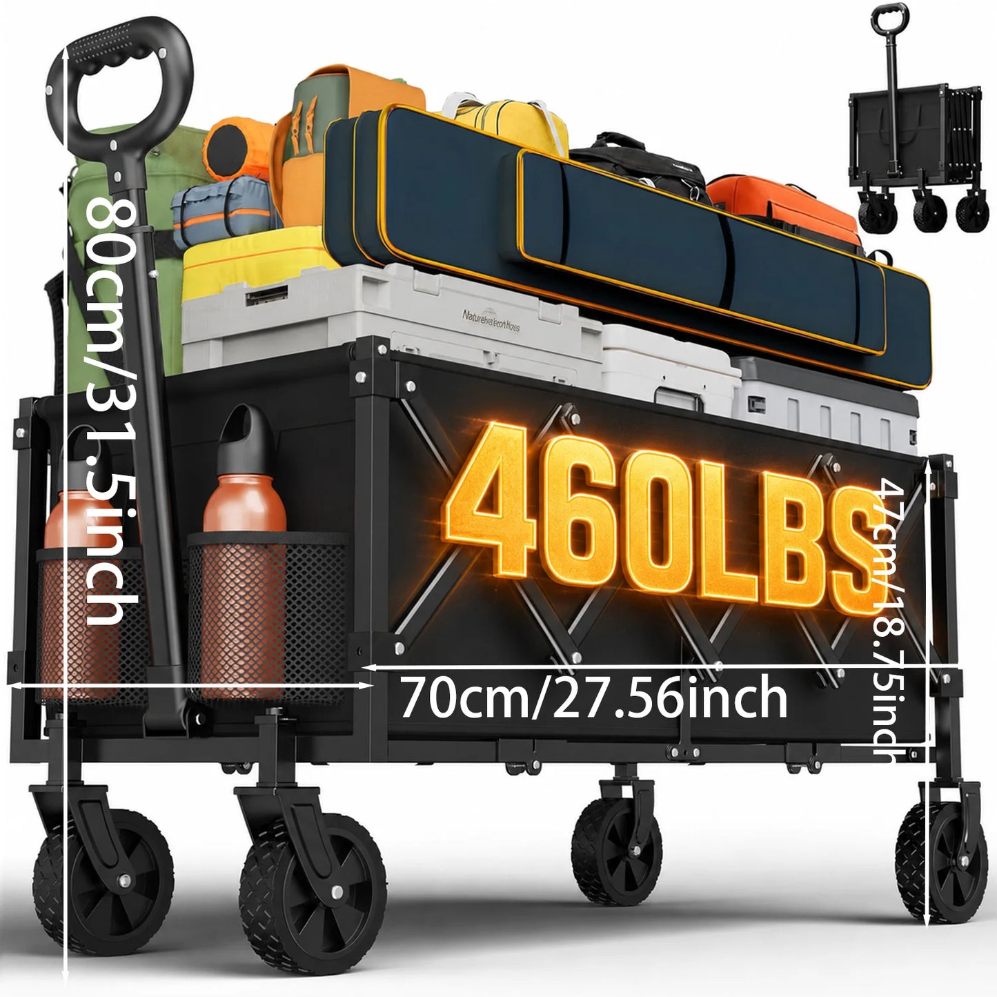 460 lbs Heavy Duty Foldable Wagon, Folding Utility Wagon with All Terrain Wheels, Adjustable Handles and Side Bags, Portable Outdoor Cart for Camping, Grocery, Garden, Sports and Beach