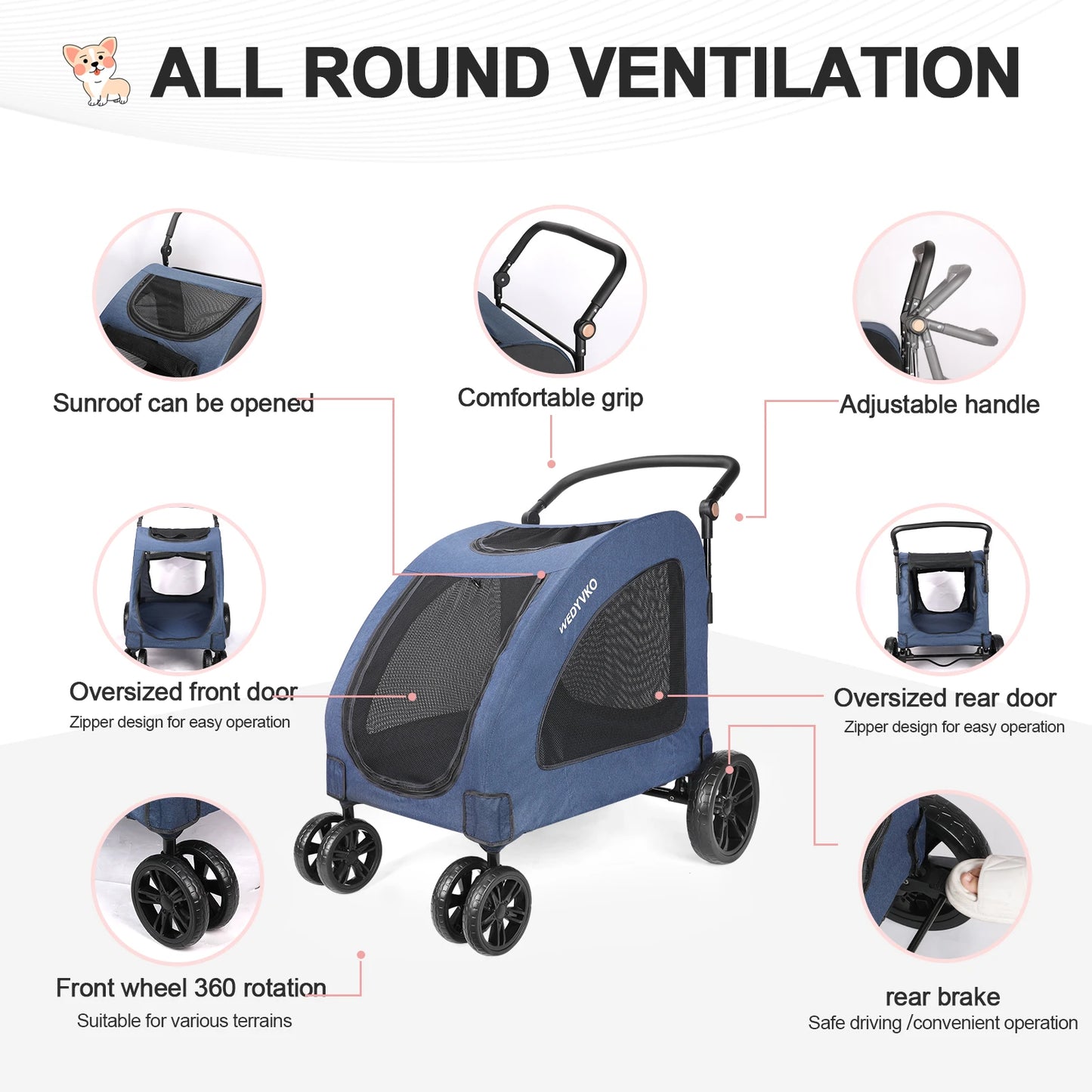 Heavy-Duty Dog Stroller for Large Dogs up to 120 lbs, Foldable Pet Wagon with 360° Wheels, All-Round Ventilation, Front & Rear Z