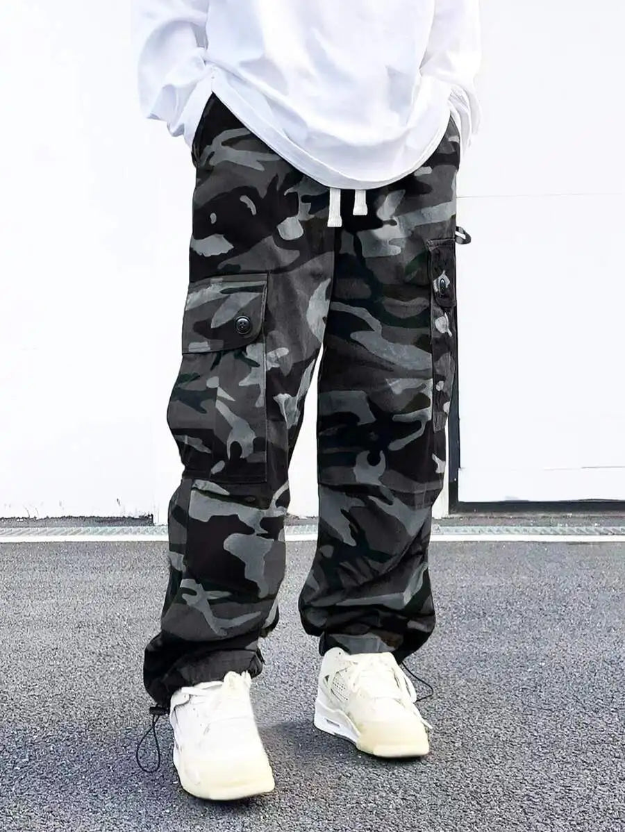 Loose Fit Camo Print Flap Pocket Drawstring Waist Cargo Pants For Men Fall
