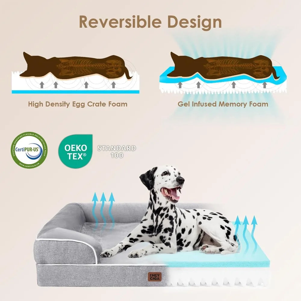 Orthopedic Dog Bed for Extra Large Dogs 44x32in, Waterproof Memory Foam XL Pet Couch with Bolsters, Washable Cover, Grey