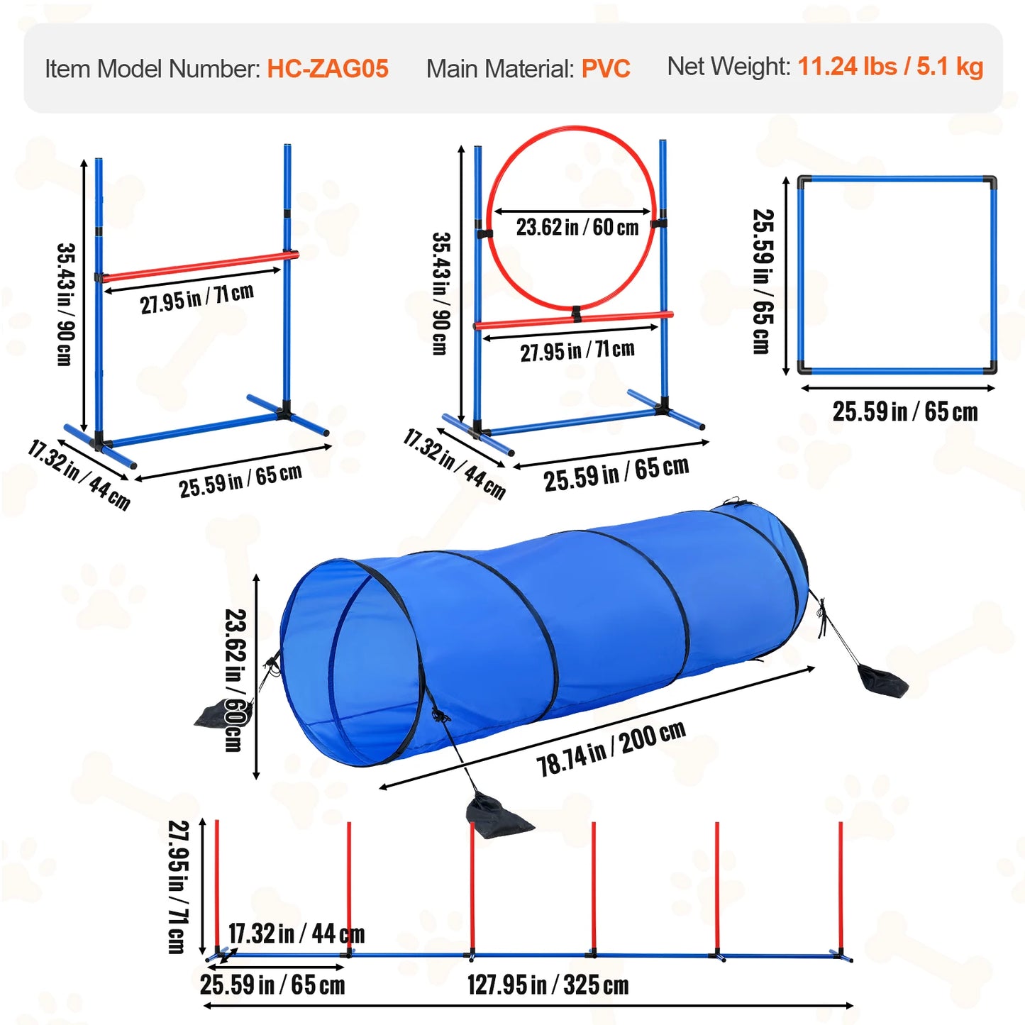 Dog Agility Training Equipment 5 PCS Set Upgrade with Adjustable Hurdles Extend Tunnel Puppy Obstacle Course Kit with Bag
