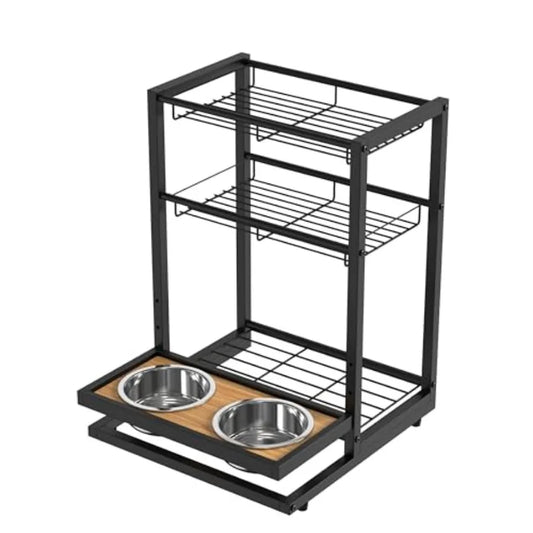 Cat Food Organizer with 2 Elevated Cat Bowls - Pet Feeder Station with 3 Tier Storage Basket - Metal Dispenser Rack for Can Food
