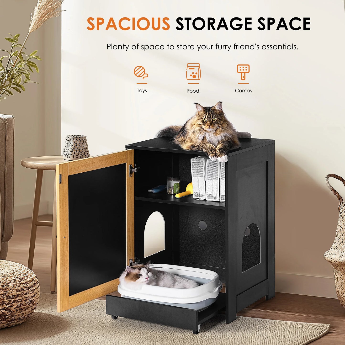 Black Cat Litter Box Enclosure, Hidden Litter Cabinet with Sisal Door, Multi-Functional Kitty End Table