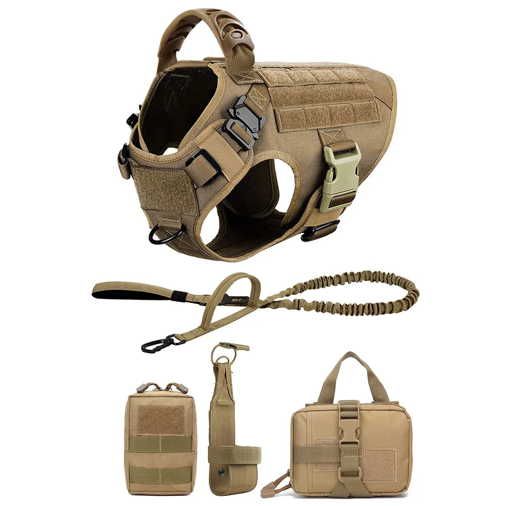 Adjustable Tactical Dog Harness With Leash And Detachable Pocket Pack For Medium Large Dogs Outdoor Training Walking Hiking Running No Pull Pet Vest Set