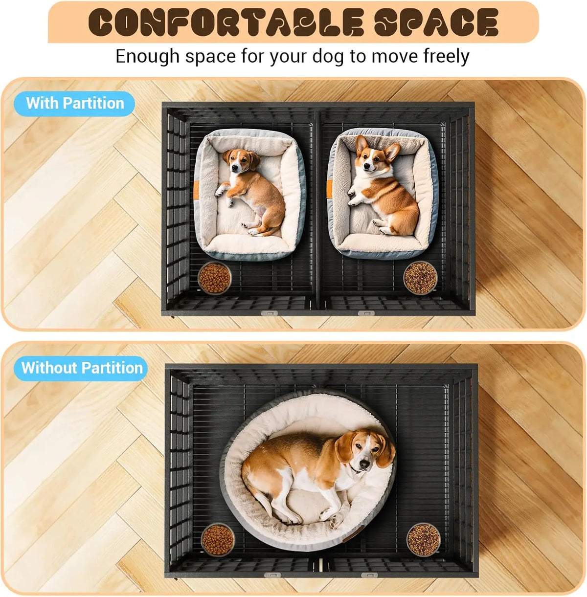 42 Inch Heavy-Duty Dog Crate Metal Dog Cage with Double Door Lockable Wheels Removable Divider Trays Feeding Doors for Small, Medium, Large Dogs Indoor