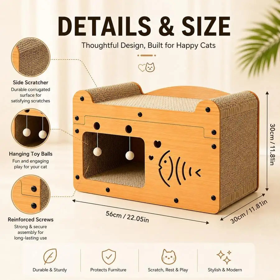 Cat Scratching House With Hanging Toy Balls, 56x30x30cm Corrugated Cardboard Lounge Bed