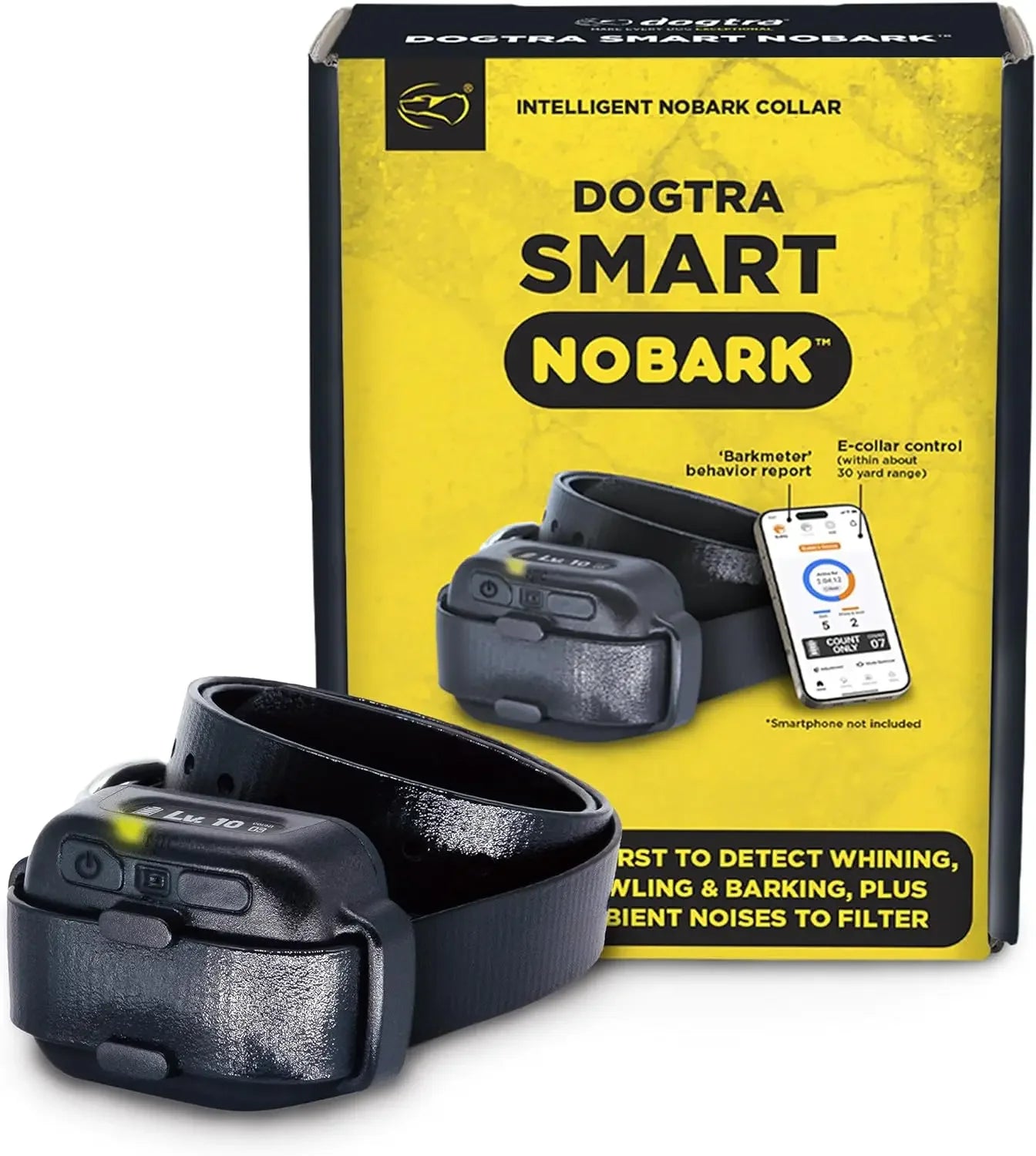 Smart NO BARK Detects Whining and Barking, 33 ft Range App for Notifications, E-Collar, Behavior Report, Waterproof