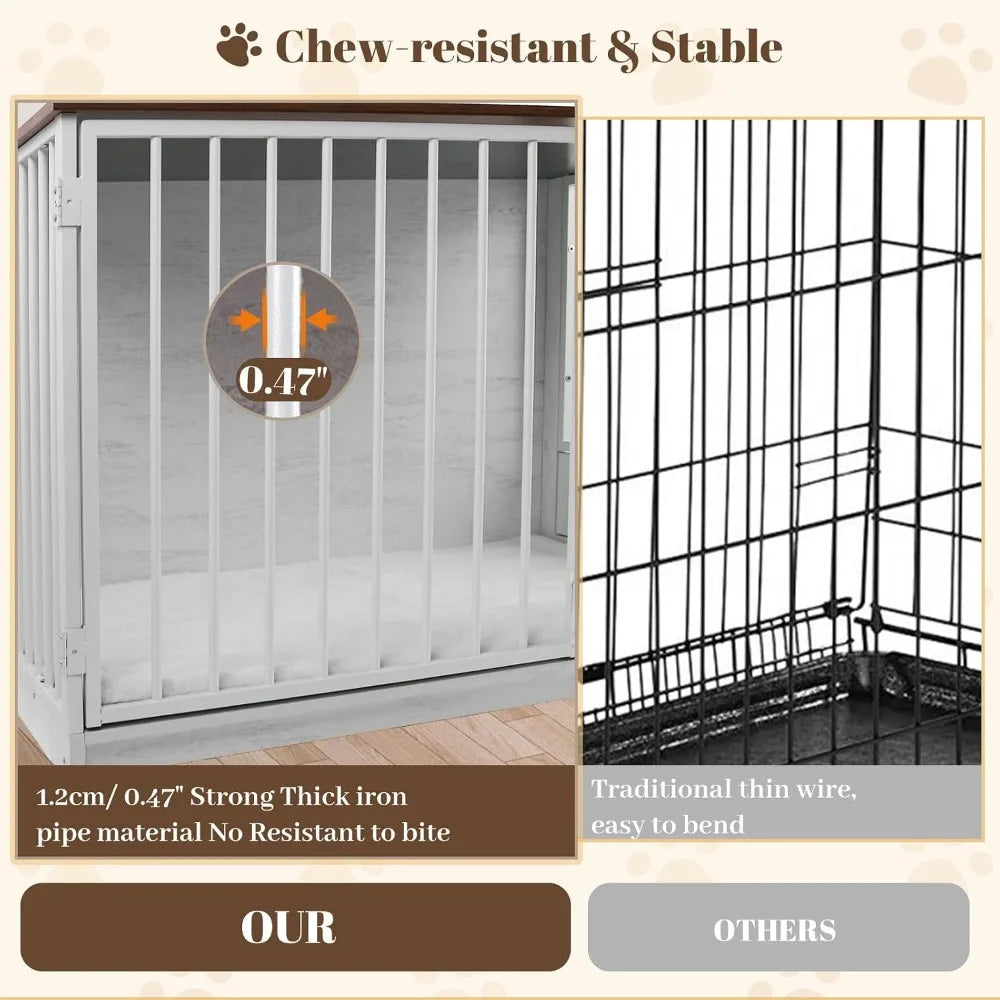 36" Wooden Dog Crate Furniture for Large Dogs, 270° Swivel Door, 360° Rotating Feeder, Double Locks, White