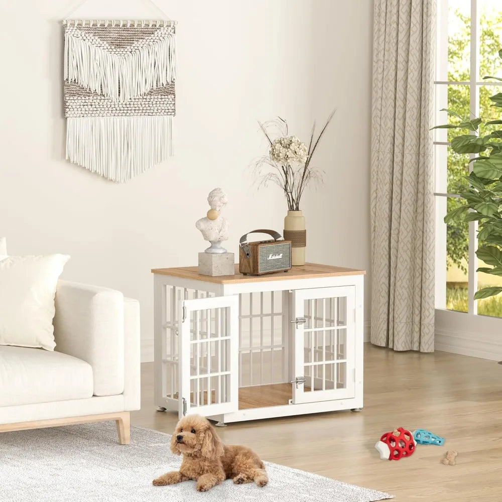 Sturdy 26 Dog Crate as Furniture for Small Breeds, Ornamental Wooden Pet House, Indoor Kennel Table in White