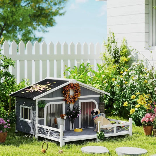 Gray Wooden Outdoor Dog House, Weatherproof Double-Room Kennel with Front Porch, Openable Roof and Removable Bottom