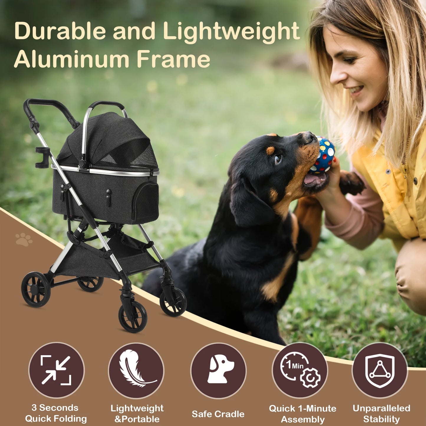 Portable Lightweight Pet Stroller for Medium Dogs - Smooth-Ride 4-in-1 Car Seat Combo with Detachable Carrier Rubber Wheels Quick-Folding for Seniors Cats