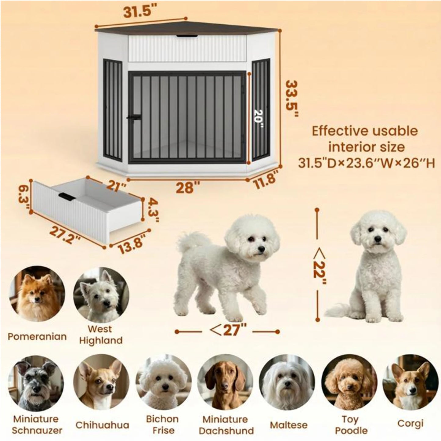 44.6'' Corner Dog Crate Furniture with Fluted Storage Drawer, Wooden Dog Kennel End Table for TV Stand, Decorative Pet Crate