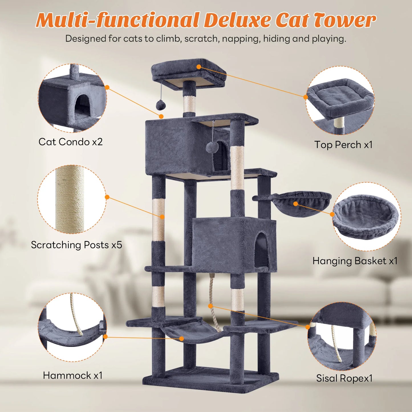 66 Inch Cat Tree Tower Multi-Level Cat Climbing Tower with Natural Sisal Scratching Posts, Pet Condo for Indoor Cats Kittens