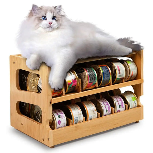 Upgraded Cat Food Organizer, Cat Food Can Organizer, Can Organizer for Pantry, Cat Food Storage, Bamboo, Holds 36 3oz Cans