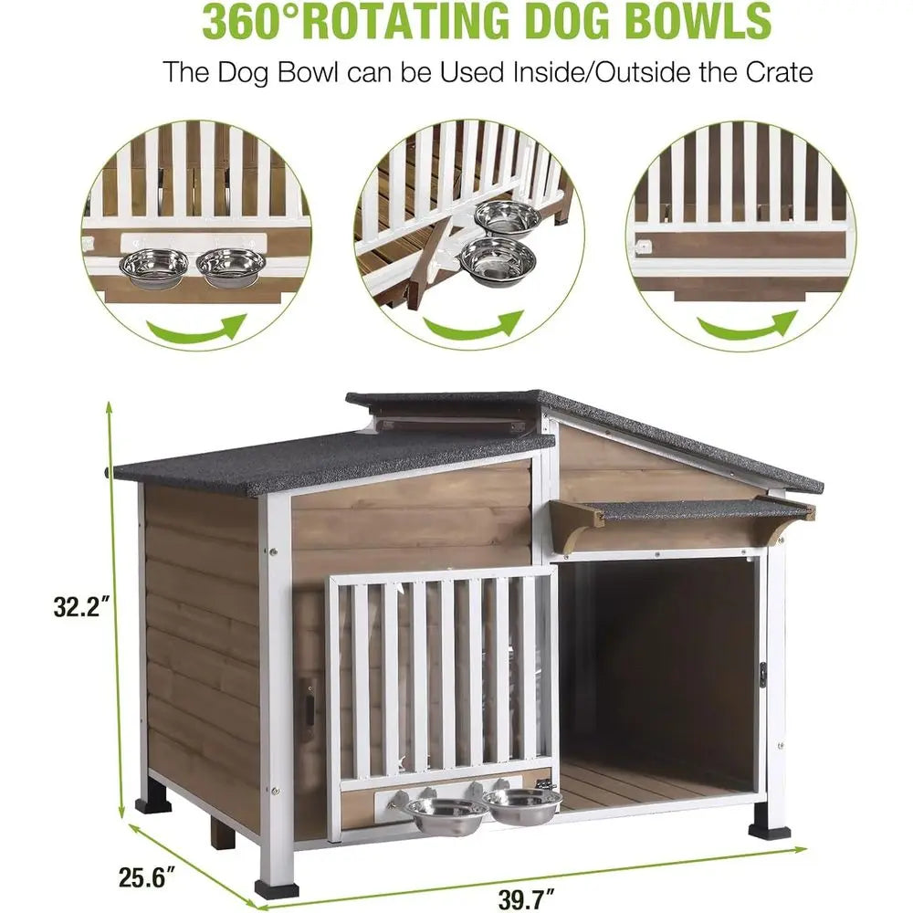 Outdoor Dog House for Large Breeds with Anti-Chew Iron, Weatherproof Kennel with 360° Rotating Bowls for Small to Medium Dogs