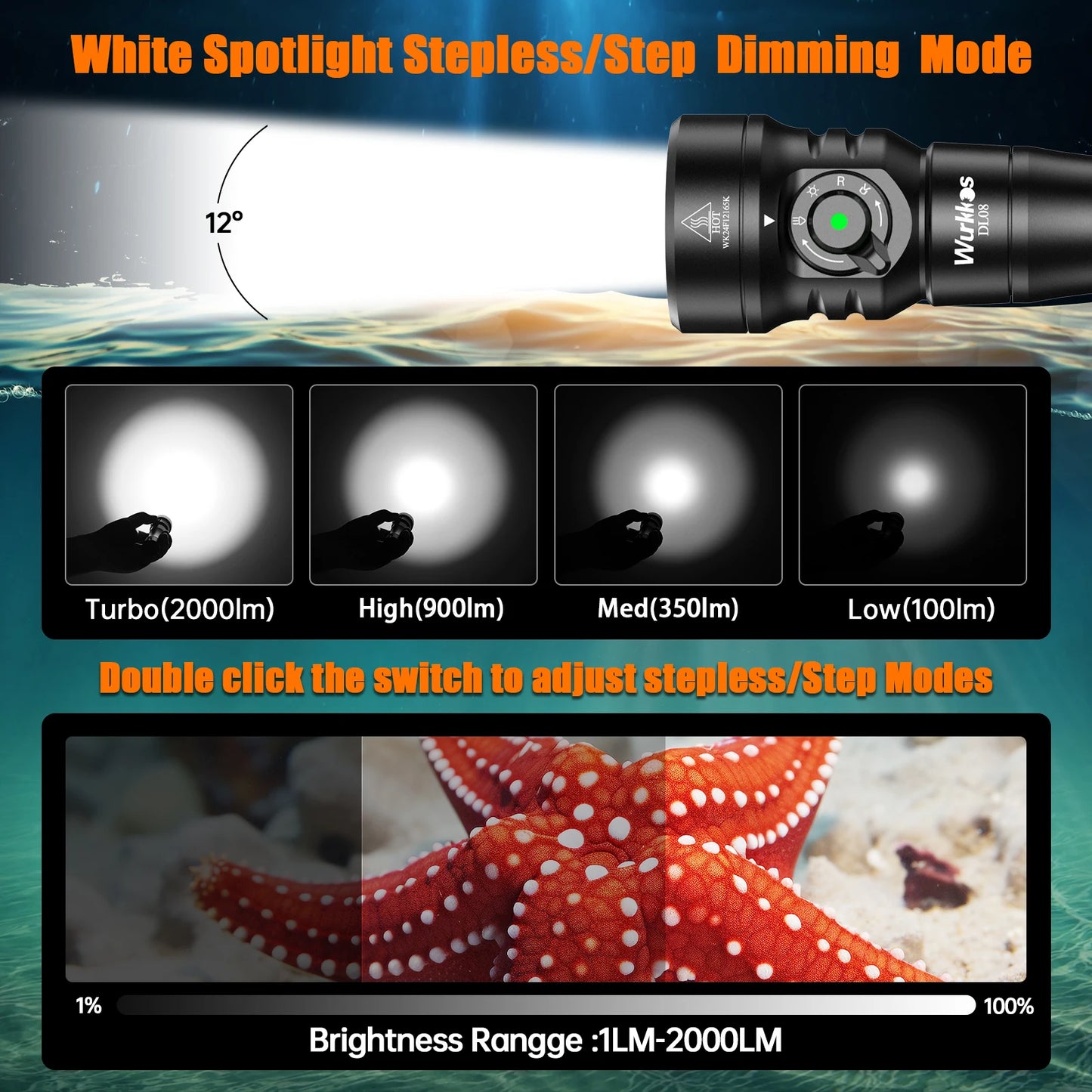 DL08 Powerful 3600lm Flashlight 21700 Rechargeable Diving Light with Rotary Magnetic Switch 6500K Underwater Torch IP68