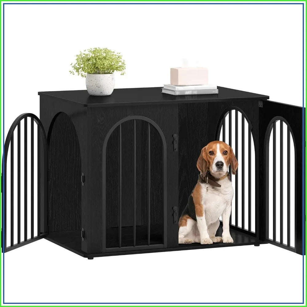 31.5" Wooden Dog Crate Furniture, Indoor Kennel for Small/Medium Dogs, Heavy Duty Pet House End Side Table TV Stand, Black