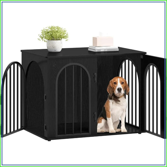 31.5" Wooden Dog Crate Furniture, Indoor Kennel for Small/Medium Dogs, Heavy Duty Pet House End Side Table TV Stand, Black