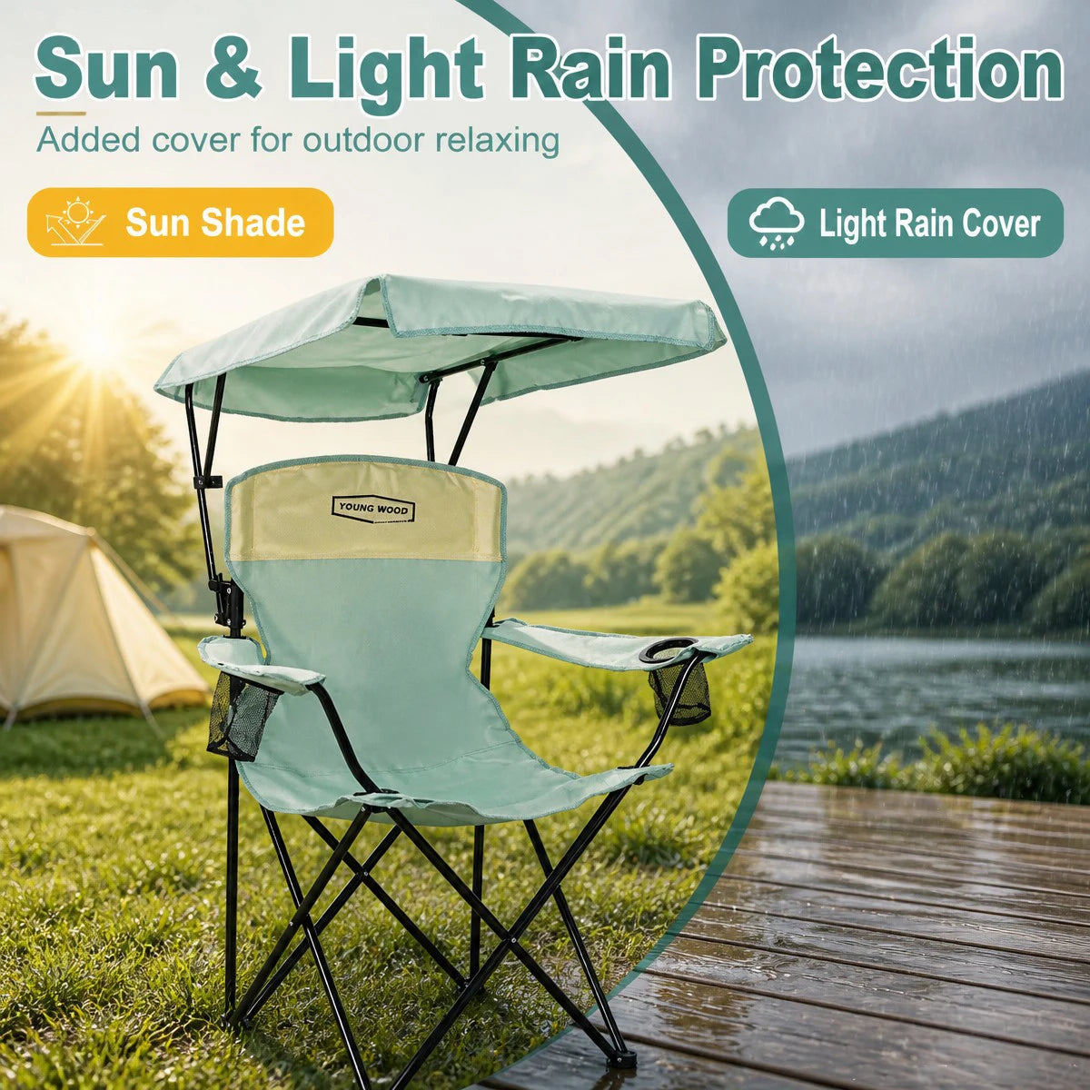 Portable Beach Chair with Cup Holder & Side Pocket, Duty Lawn Chair with Carry Bag for Camping, Beach, Fishing, Patio, Hiking, Outdoor Folding Camping Chair with Adjustable Canopy