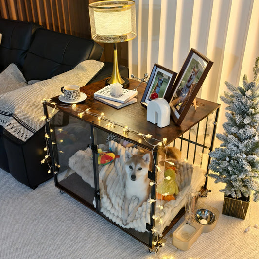 Dog Crate Furniture-Style Cages for Small and Medium Dog Rolling Tempered Glass Pet Kennels End Table Anti-bite