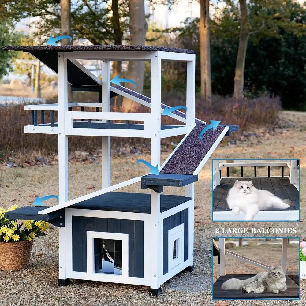 4 Tiers Outdoor Cat House Weatherproof Cat Tree Tower 45.1" H Feral Cat Shelter Outside Enclosure Multi-Level Play Zones Waterproof