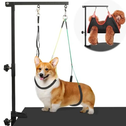 Dog Grooming Arm with Pet Grooming Hammock, 35" Pet Grooming Table Arm with Adjustable No Sit Haunch Holders, Dog Grooming Stand