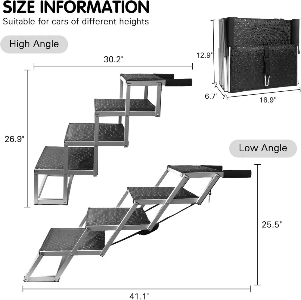 4-Step Folding Dog Stairs for Car, Aluminum, Supports Up to 250 Lbs