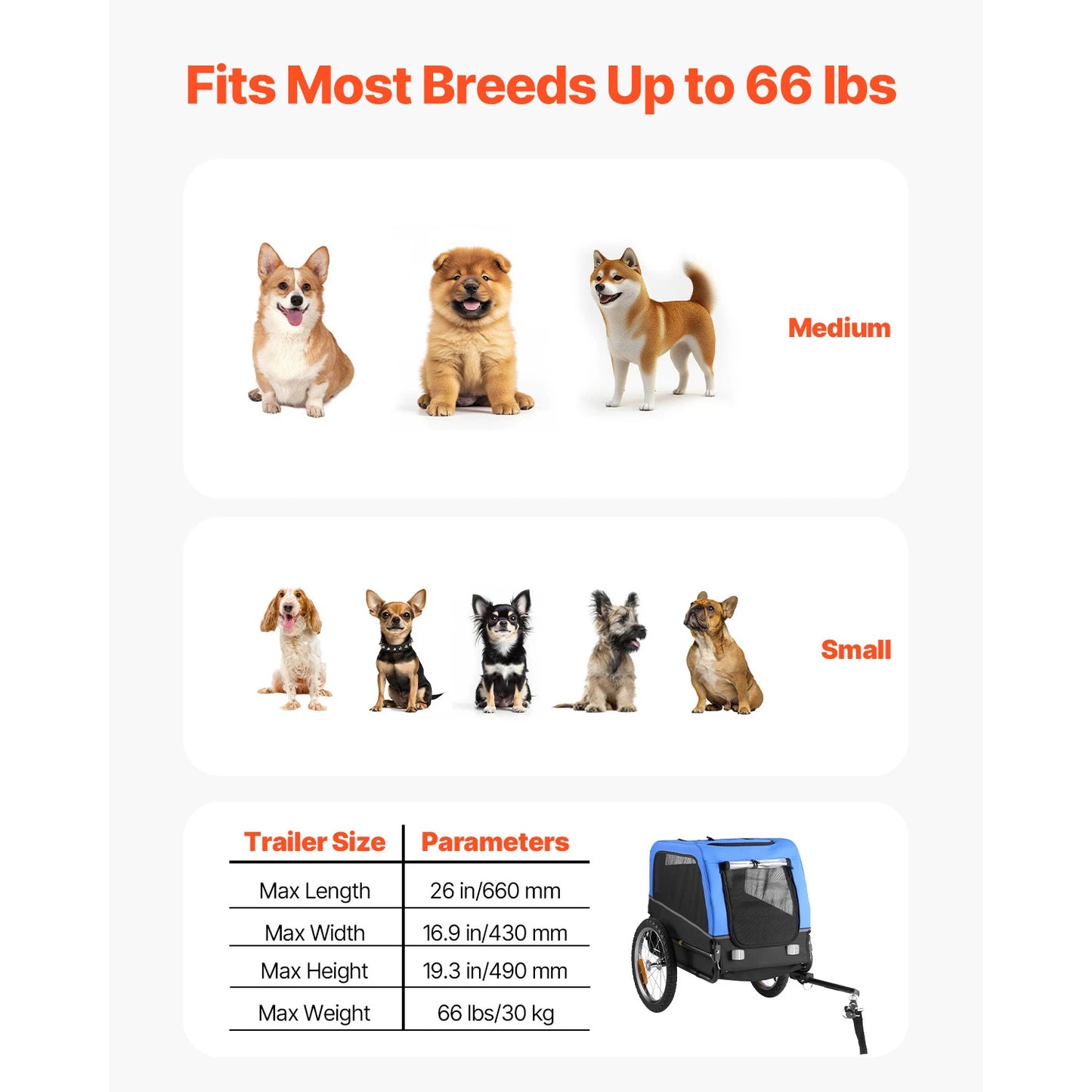 66/88 lbs Dog Bike Trailer Easy Folding Frame Pet Cart Bicycle Carrier with Coupler & Reflector for Small & Medium Dogs