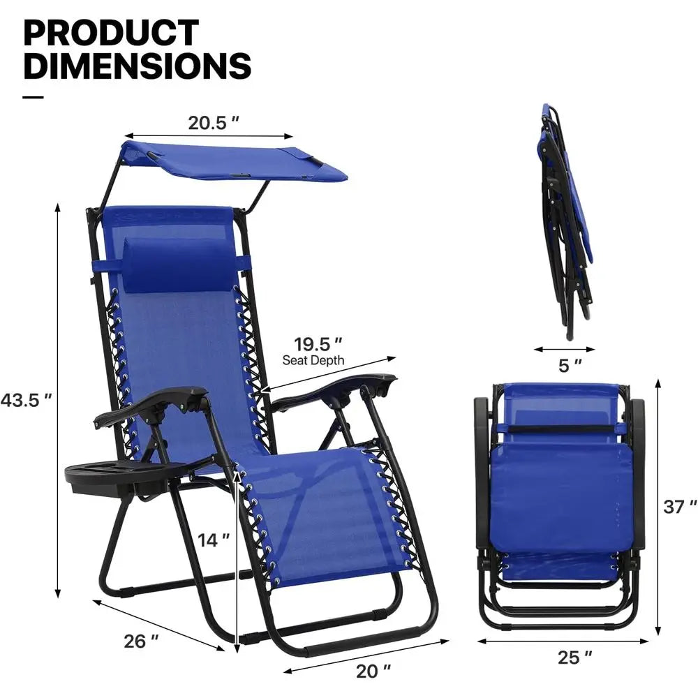2-Piece Zero Gravity Recliner Set with Shade, Outdoor Patio Lounger, Cup Holder, Ideal for Beach or Camping, Blue