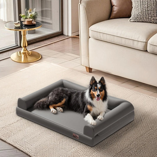 M-2XL Indoor Orthopedic Dog Bed with Supportive Base Bolster Pillow Pet Lounge Bed Sofa Microfiber Leather Cover for All Breeds