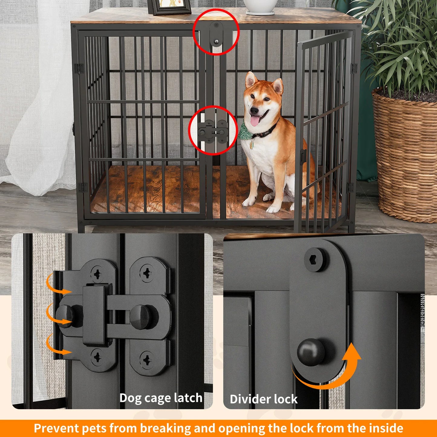 XXXL Wooden Dog Crate End Table Furniture Style Pet Kennel Cage w/ Four Doors and Lock Latches Divider for Medium to Large Dogs