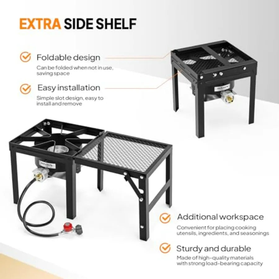 Outdoor Single Burner Propane Gas Stove With Detachable Foldable Side Rack, Stainless Steel Gray Finish, Portable, Lightweight, Durable