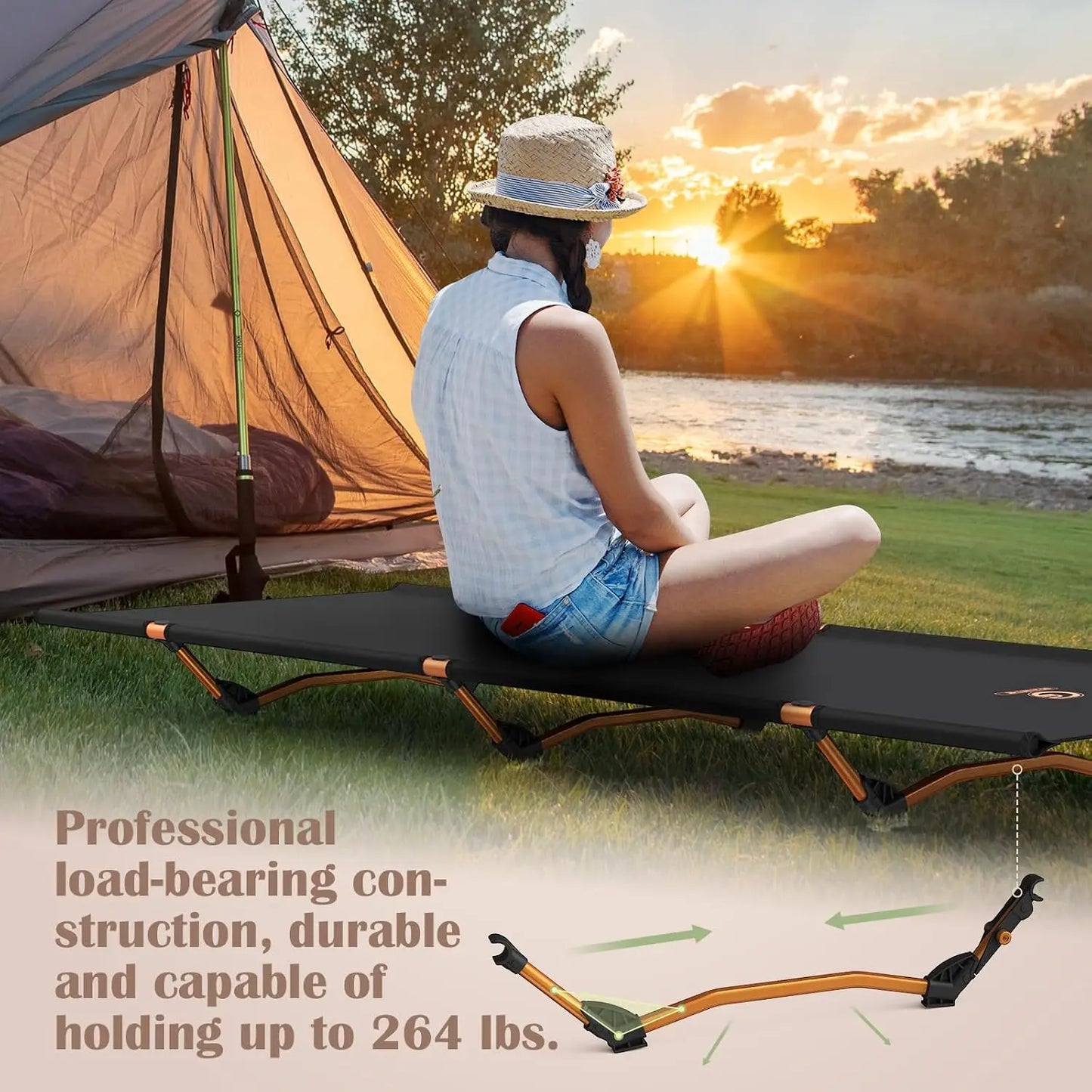 Foldable Camping Cot, Ultralight 4 lbs, Heavy Duty 264 lbs, Compact for Backpacking Hiking, with Storage Bag