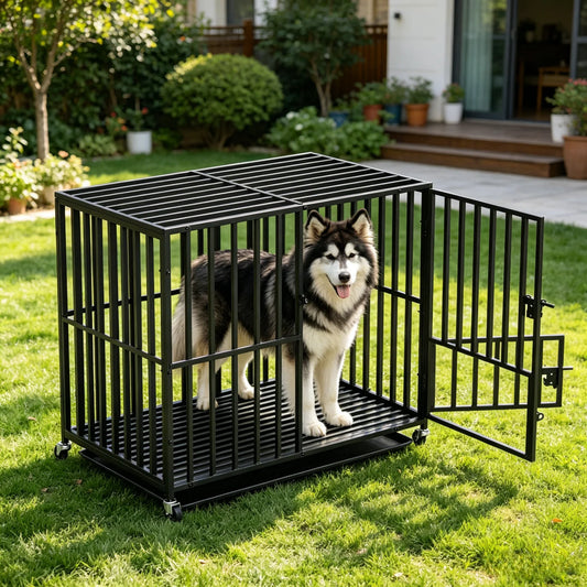 Large Heavy-Duty Dog Crate with 4 Lockable Wheels, 3 Doors, and Tray Metal Pet Kennel Cage Playpen for Medium, Large Dogs
