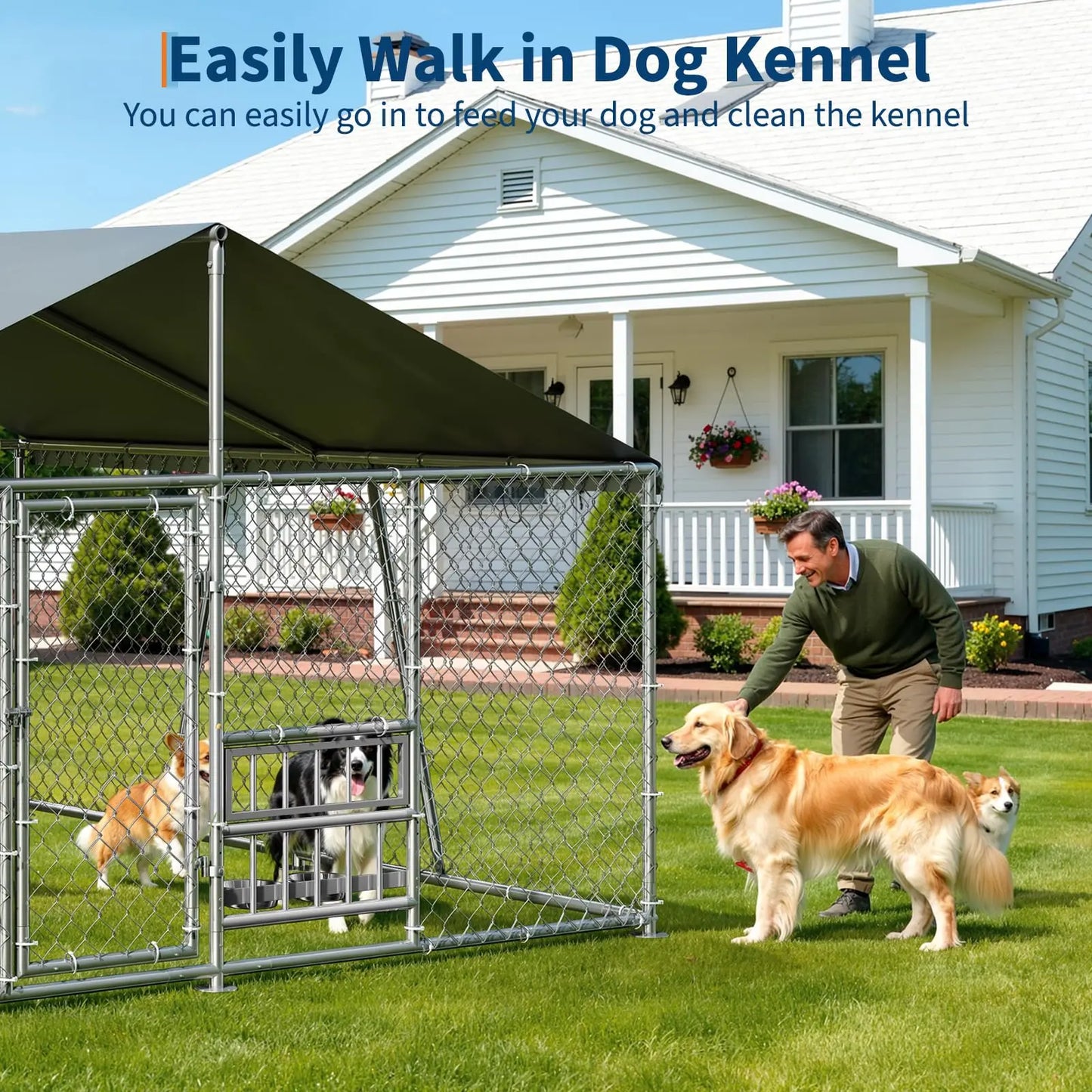 10 x 10 x 5.9FT Outside Dog Enclosure With PE Waterproof Roof, 360° Feeding Door, Heavy Duty Lockable Galvanized Kennel
