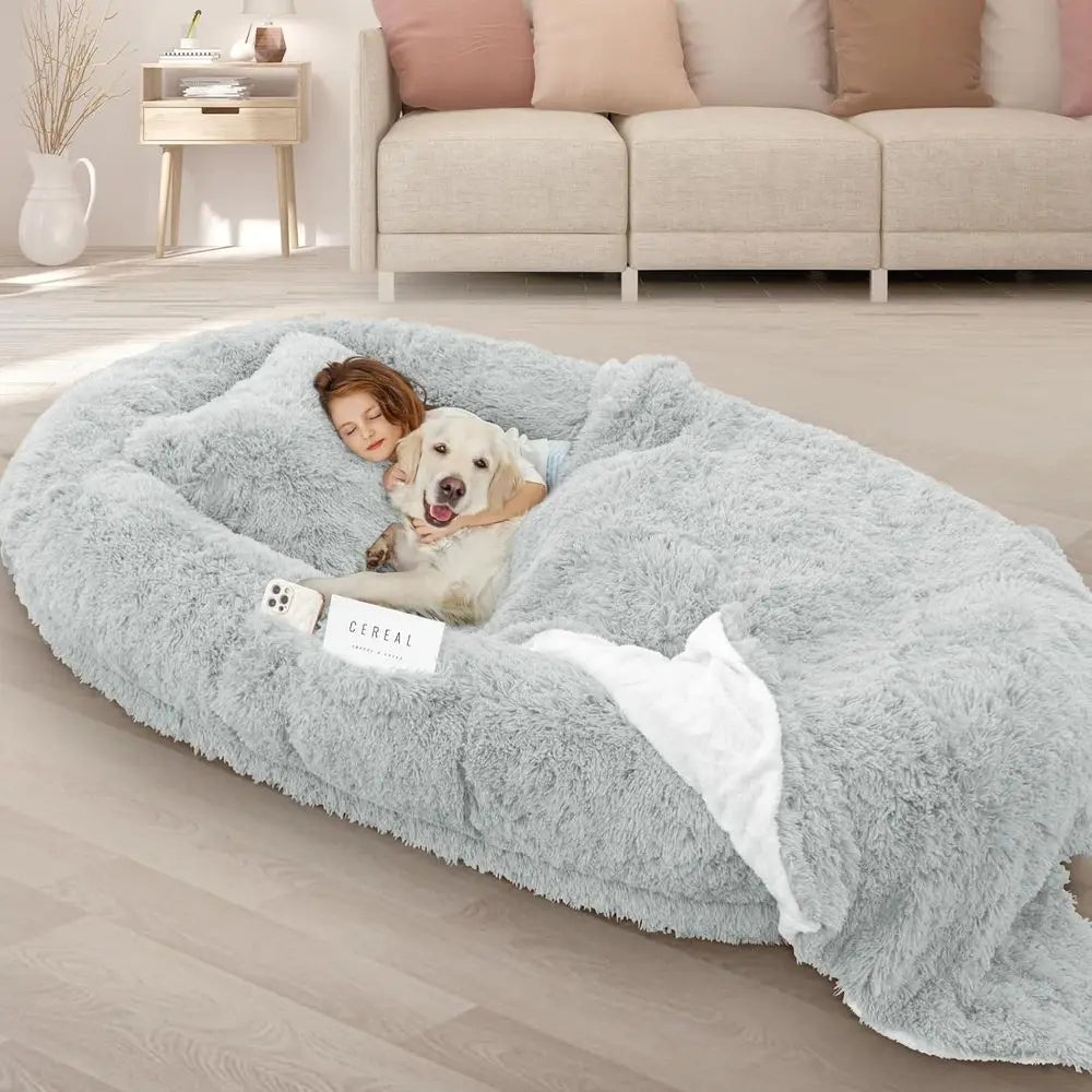 Oversized 71" x 45" x 12" Grey Memory Foam Dog Bed with Pillow, Blanket & Strap for Adults and Large Pets, Customized