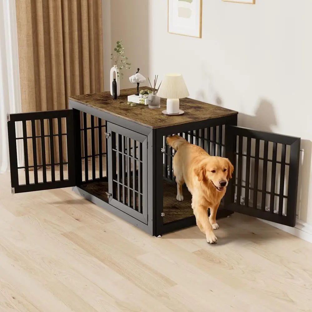 Rustic Brown & Black Decorative Wooden Dog Crate End Table with Waterproof Top for Large Dogs