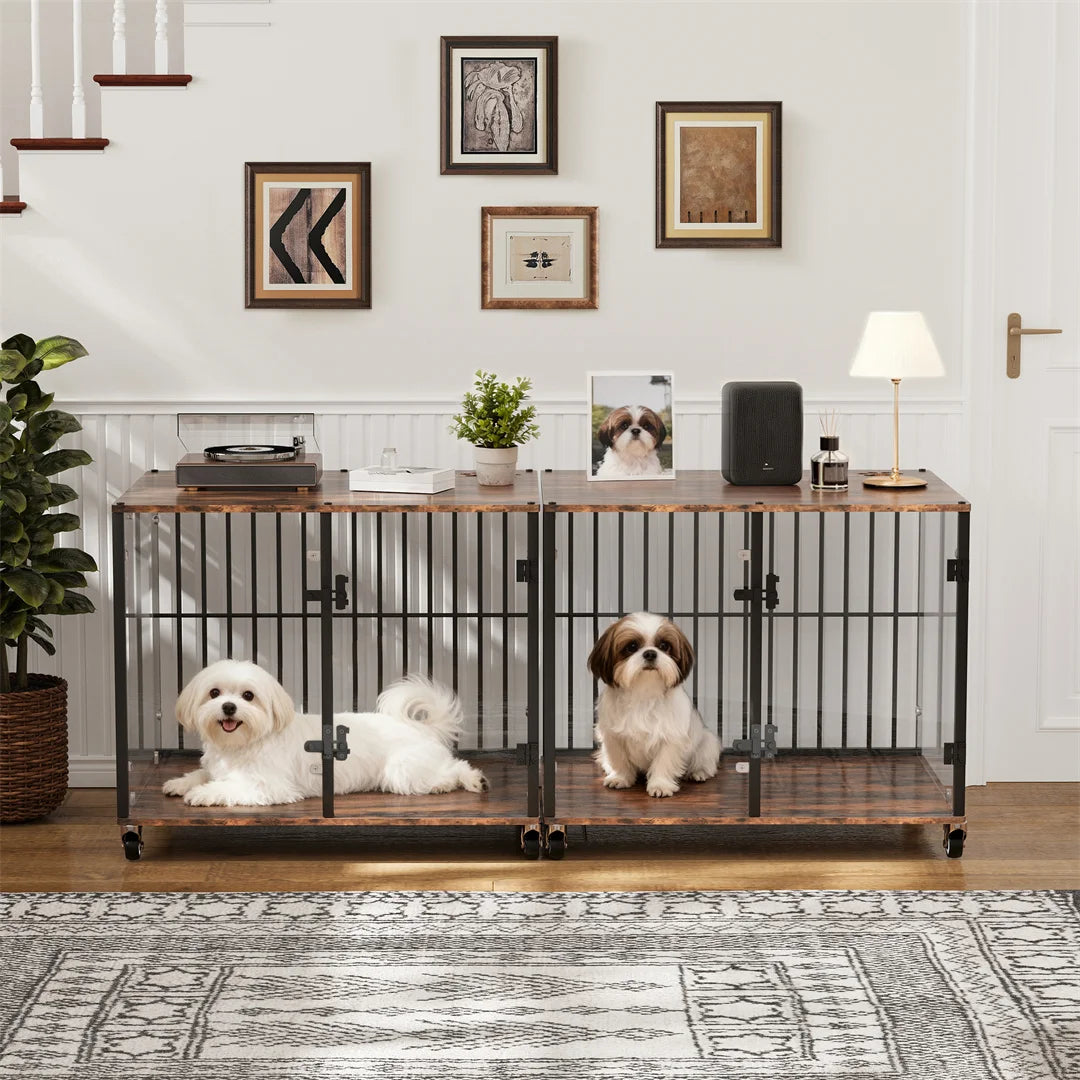 Indoor Dog Cage: Furniture-Style Tempered Glass Dog Pet Cage Dog Kennel End Table Crate with Smooth Rolling Wheels