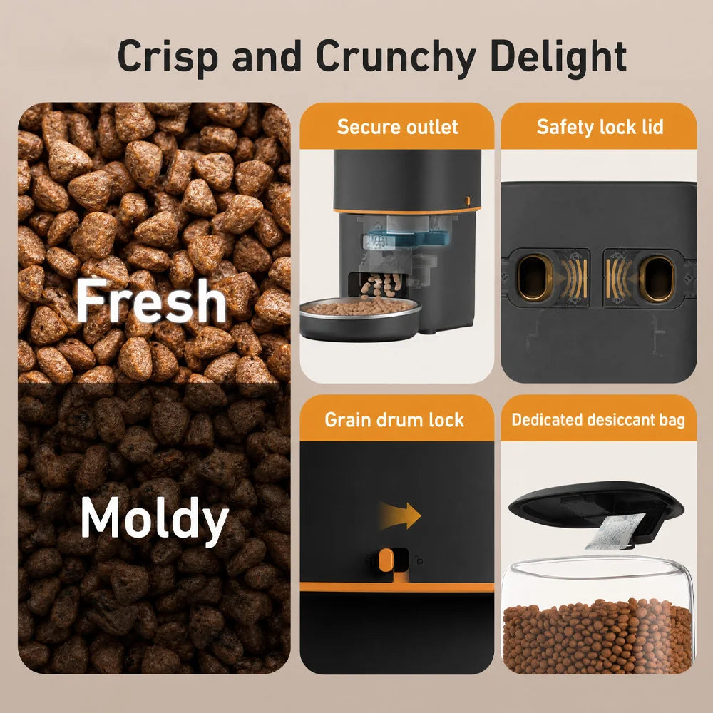 4L Automatic Cat Feeder, Smart Pet Food Dispenser with Key Control, Voice Recorder, Dual Power Supply, Timed Auto Dog Feeder with Stainless Steel Bowl