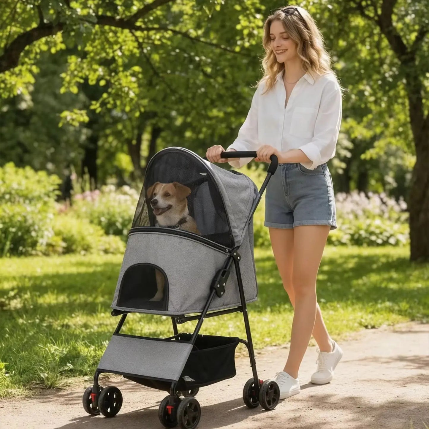 Foldable Pet Stroller Lightweight 4 Wheel Dog Stroller for Small Dogs Cats Portable Travel Pet Cart with Breathable Mesh