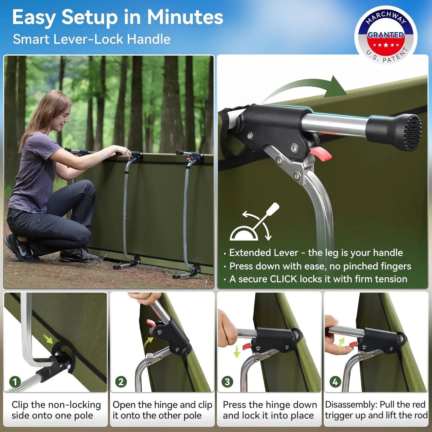 Lightweight Folding Camping Cot Bed with Lever Lock, Easy Setup Portable for Outdoor Travel, Hunting, Hiking, Motorcycling, Support 330 Lbs