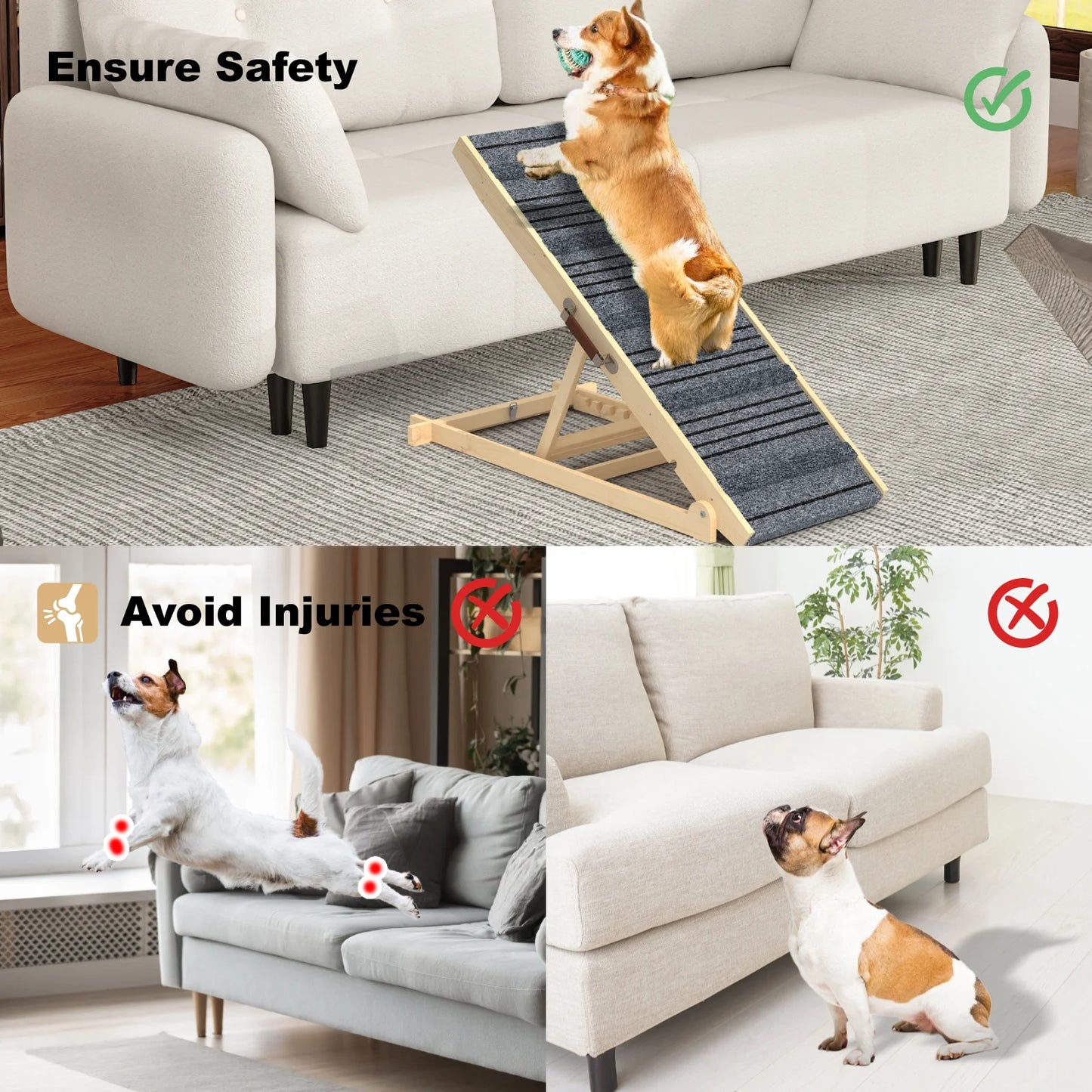 Adjustable Dog Ramp Pet Wooden Folding Dog & Cat Stair for Couch High Bed Non Slip Carpet Surface 7 Levels Height Adjustable