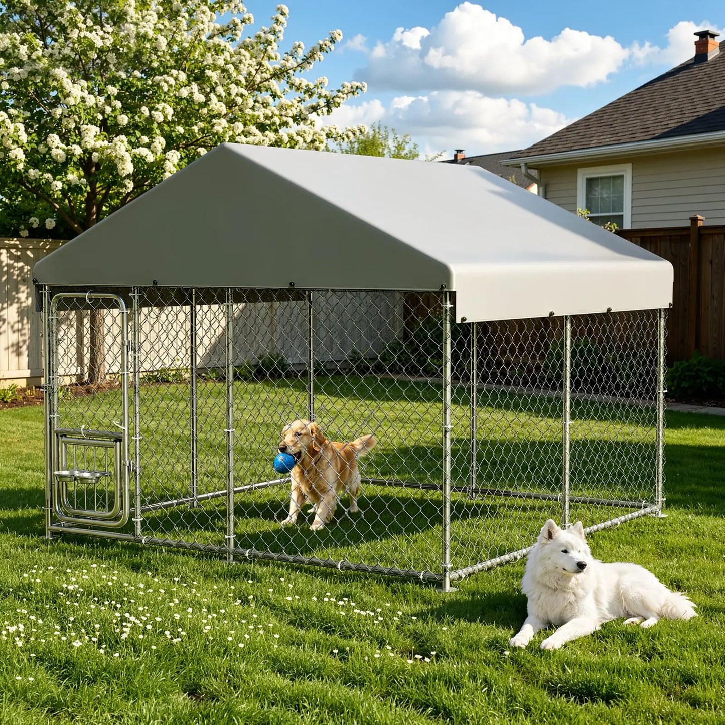 Heavy Duty 7.5 FT x 7.5 FT x 6.6 FT Outdoor Dog Kennel With Roof Cover, Lockable Feeding Door Dog Run For Large Dogs