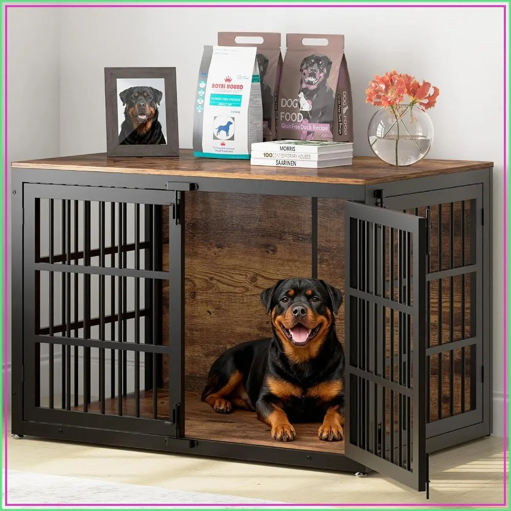 48" Heavy Duty Wooden Dog Crate Furniture for Extra Large Dogs, XXL Kennel with Side Door, Pet End Table, Black & Brown