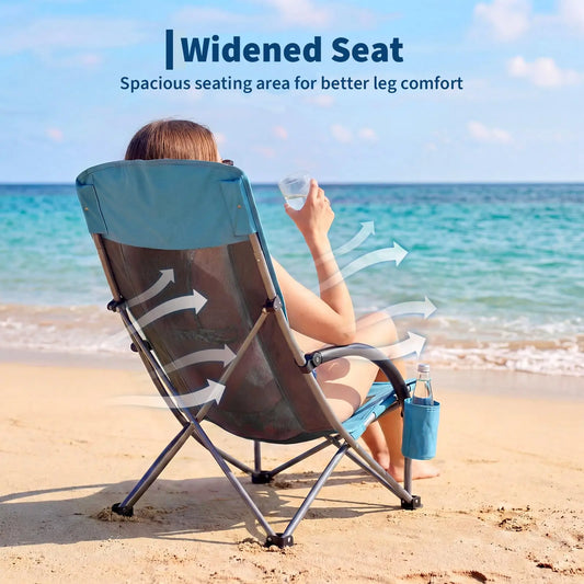 High Back Beach Chair, Folding Beach Chairs, Extra Wide Seat Chair with Cup Holder, Storage Pocket & Carry Bag for Camping Travel